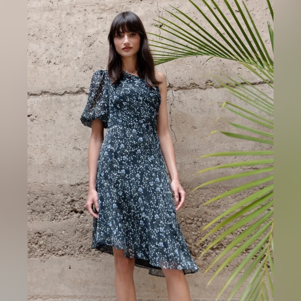 Nwt Jenny Yoo Jasmine One-Shoulder Floral Puff Sleeve Asymmetrical Dress